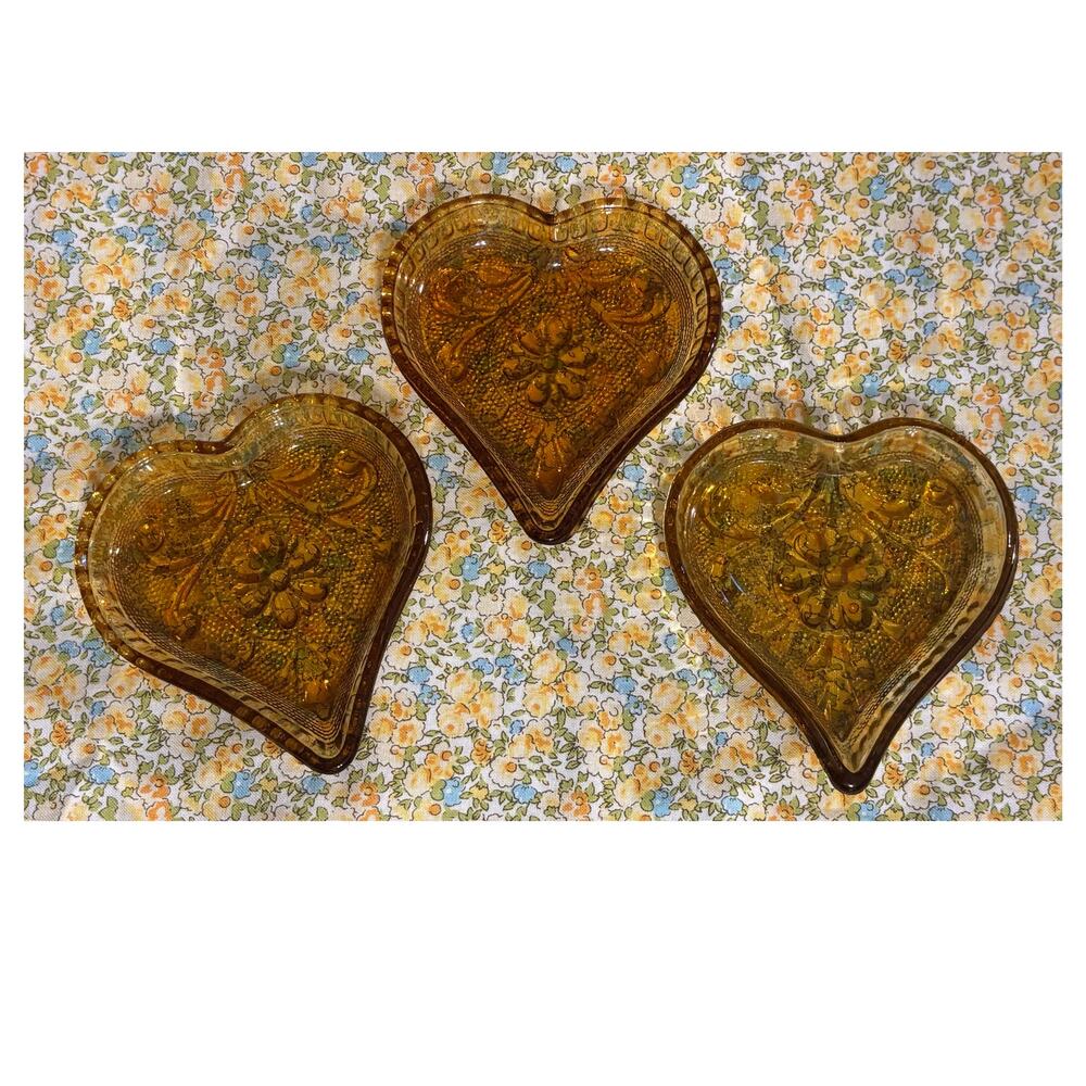 3 Vintage MCM Indiana Glass Amber Heart Trinket Dishes Pressed Glass 1970's